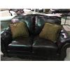 Image 2 : BROWN LEATHER & WOOD SCROLLED FRONT SOFA AND LOVESEAT SET WITH 5 THROW PILLOWS