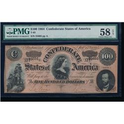 1864 $100 Confederate States of America Note PMG 58EPQ