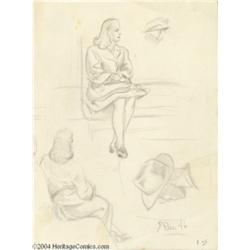 Kelly Freas - Woman on a Bus Pencil Sketches Original Art (1946).