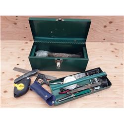 Beach green tool box & misc Hand tools