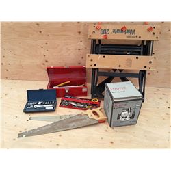 Hand saws, rachet set, Craftman router, red tool box, Black and decker workmate