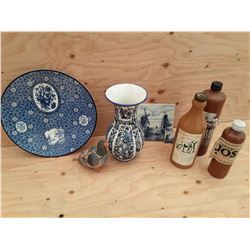 Plate, Blue Vase, Square Wall Hangers, 3 Small Bottles