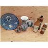Image 1 : Plate, Blue Vase, Square Wall Hangers, 3 Small Bottles