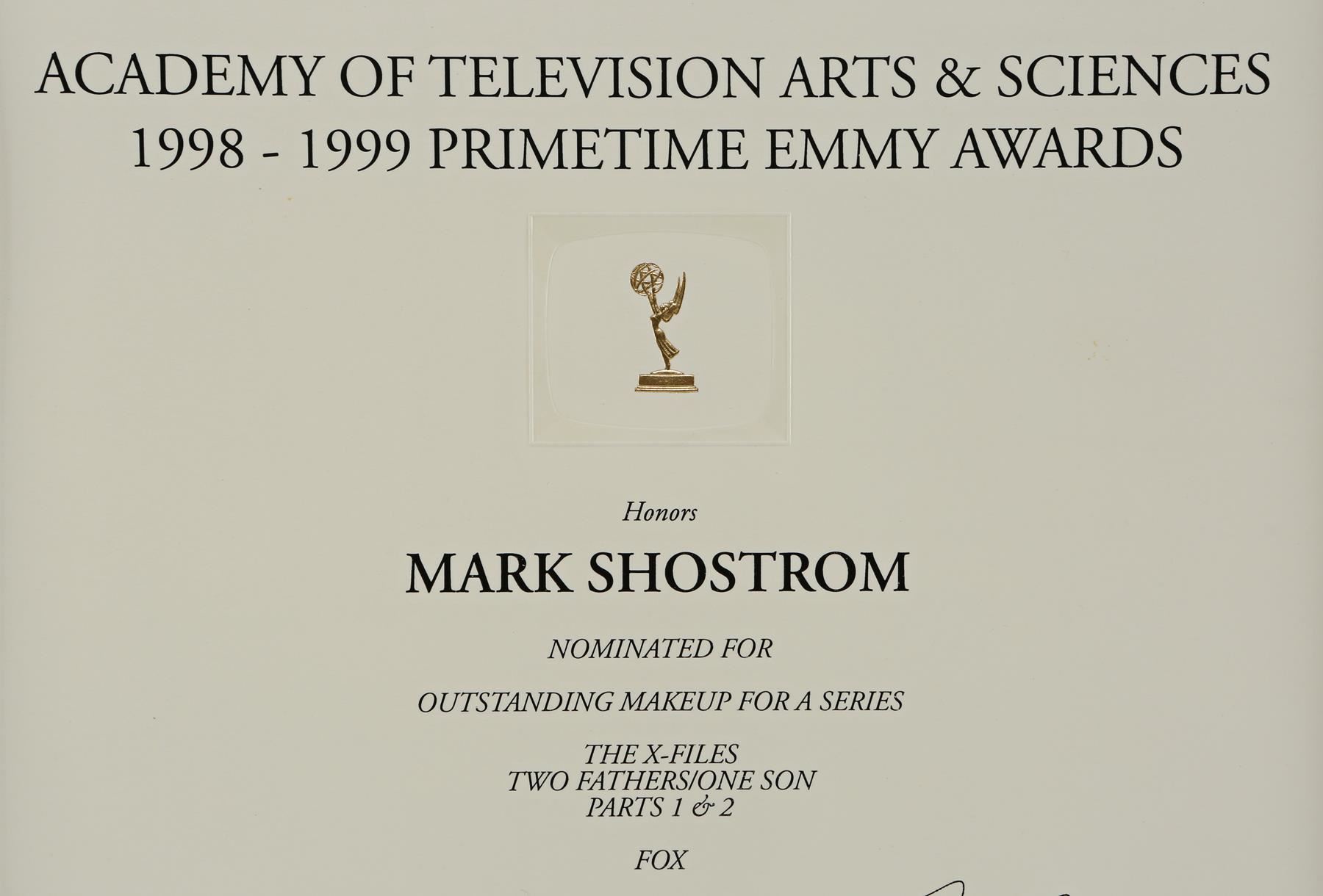 Mark Shostrom’s Emmy Nomination Certificate For Outstanding Makeup For
