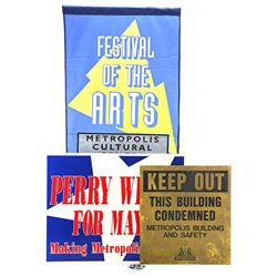 Metropolis Sign, Campaign Poster, Pin, and Corresponding Mayoral Banner - LOIS & CLARK: THE NEW ADVE