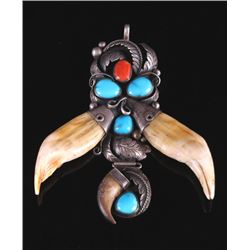 Navajo Bear Tooth Turquoise & Coral Silver Pendant