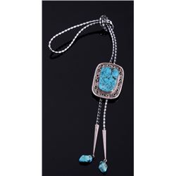 Signed Navajo Red Mtn. Turquoise & Silver Bolo Tie