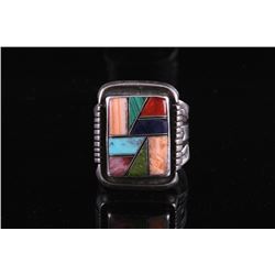 Signed Sterling Silver Mosaic Inlay Ring