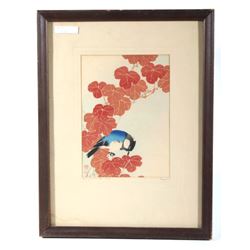 Blue Bird On Red Vine Japanese Woodcut Print