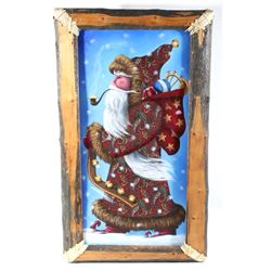 Signed Santa Claus Painting with Rustic Frame