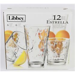 NEW LIBBEY 12PC GLASSWARE SET, ESTRELLA PATTERN