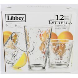 NEW LIBBEY 12PC GLASSWARE SET, ESTRELLA PATTERN