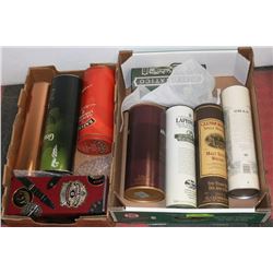 2 BOXES OF METAL AND BOXED WHISKEY CONTAINERS
