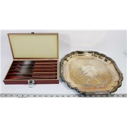 NEW 6PC STEAK KNIFE GIFT SET WITH SILVER TRAY.