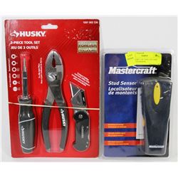 NEW HUSKY 3 PC TOOL SET AND NEW STUD SENSOR
