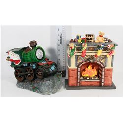 CERAMIC CHRISTMAS FIREPLACE AND SOLAR SANTA TRAIN