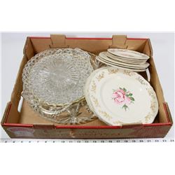 BOX OF DEPRESSION GLASS AND MORE