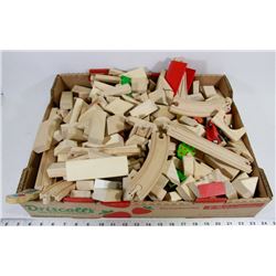 LARGE LOT OF WOOD TRAIN TRACK AND TRAINS