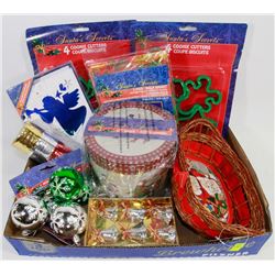 FLAT OF CHRISTMAS DECORATIONS AND COOKIE CUTTERS