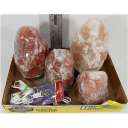 4 SALT LAMPS, 2 SMALL AND 2 LARGE, 3 ARE STILL