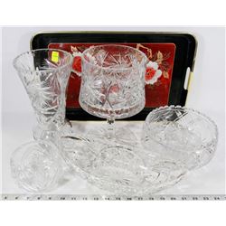 3 LARGE CRYSTAL BOWLS, LARGE CRYSTAL VASE AND 1