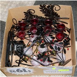 FLAT WITH 10 METAL CANDLE HOLDERS WITH RED GLASS &