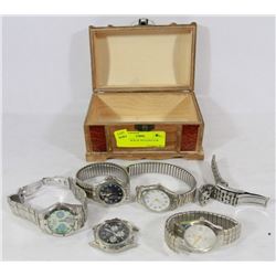 WOODEN BOX OF WATCHES FOR REPAIR.
