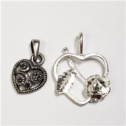 87) STERLING SILVER MARCASITE 2 HEART PENDANT
