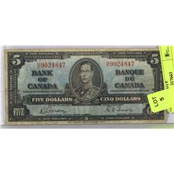 1937 CANADIAN $5 BILL.