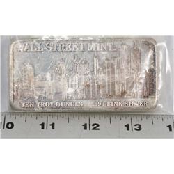 10 TROY OUNCE .999 SILVER BAR - WALL STREET MINT.