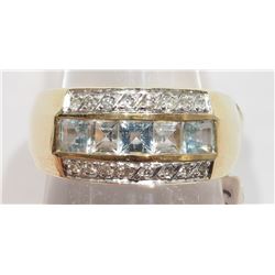 19) 10K YELLOW GOLD AQUAMARINE AND DIAMOND RING