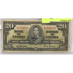 1937 CANADIAN KING GEORGE 20 DOLLAR BILL