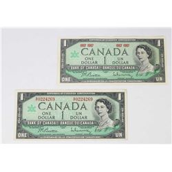 LOT OF 2- 1967 1 DOLLAR BILLS