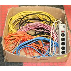 BOX OF EXTENSION CORDS WITH A 50FT HEAVY GUAGE