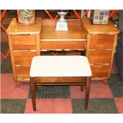 VINTAGE WOOD VENEER DESK WITH STOOL