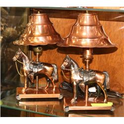 SET OF BRASS HORSE LAMPS WITH COPPER SHADES AND