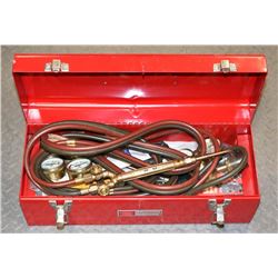 RED TOOL BOX WITH WELDING TORCHES AND HOSES