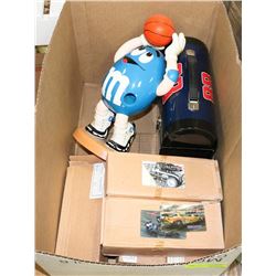 BOX OF M&M RACE CAR MEMORABILIA INCL METAL LUNCH