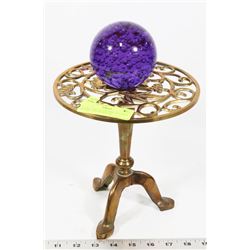 PURPLE ART GLASS ORB ON BRASS DECORATIVE PEDESTAL