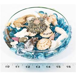 DECORATIVE BOWL WITH BLUE GLASS BEADS AND ASSORTED