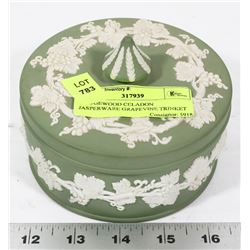 WEDGEWOOD CELADON JASPERWARE GRAPEVINE TRINKET BOX