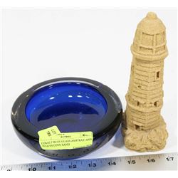COBALT BLUE GLASS ASHTRAY AND PEGGYS COVE SAND