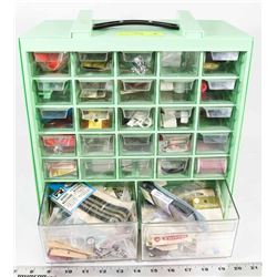 SMALL GREEN CABINET FULL OF SEWING SUPPLIES