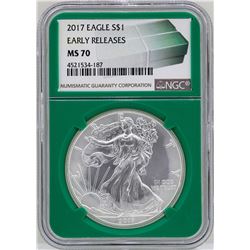 2017 $1 American Silver Eagle Coin NGC MS70 Early Releases Green Core