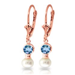 Genuine 5.2 ctw Blue Topaz & Pearl Earrings Jewelry 14KT Rose Gold - REF-35F9Z
