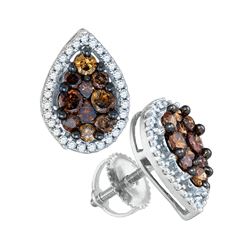 0.99 CTW Brown Color Diamond Teardrop Cluster Earrings 10KT White Gold - REF-41K9W