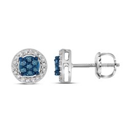 0.25 CTW Blue Color Diamond Cluster Stud Screwback Earrings 10KT White Gold - REF-18X7Y