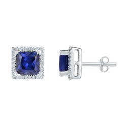 2 CTW Princess Created Blue Sapphire Stud Earrings 10KT White Gold - REF-13F4N