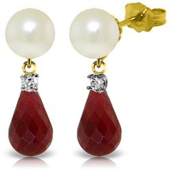 Genuine 8.7 ctw Pearl, Ruby & Diamond Earrings Jewelry 14KT Yellow Gold - REF-27A6K