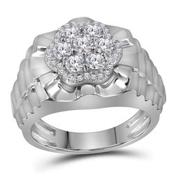 1 CTW Mens Diamond Flower Cluster Ribbed Ring 10KT White Gold - REF-131X2Y